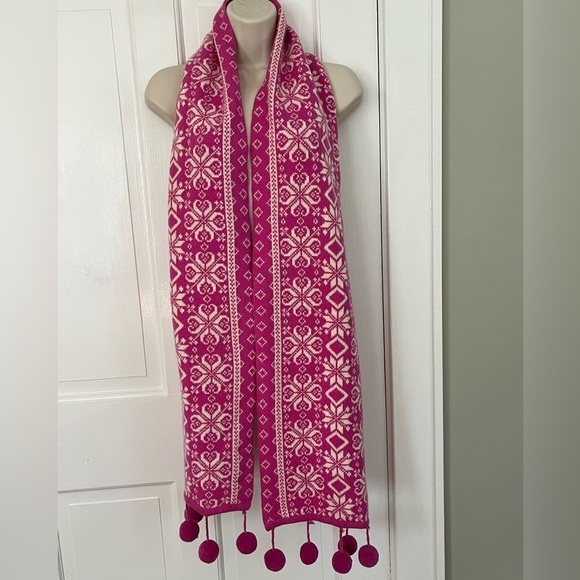 Bloomingdales Cashmere Wool Nordic Alpine Pom Poms Scarf Hot Pink Ivory Soft New - Picture 6 of 12